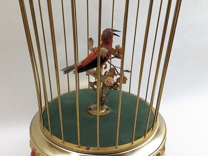 Vintage German Karl Griesbaum Singing Automation Bird Brass Cage Music Box WORKS