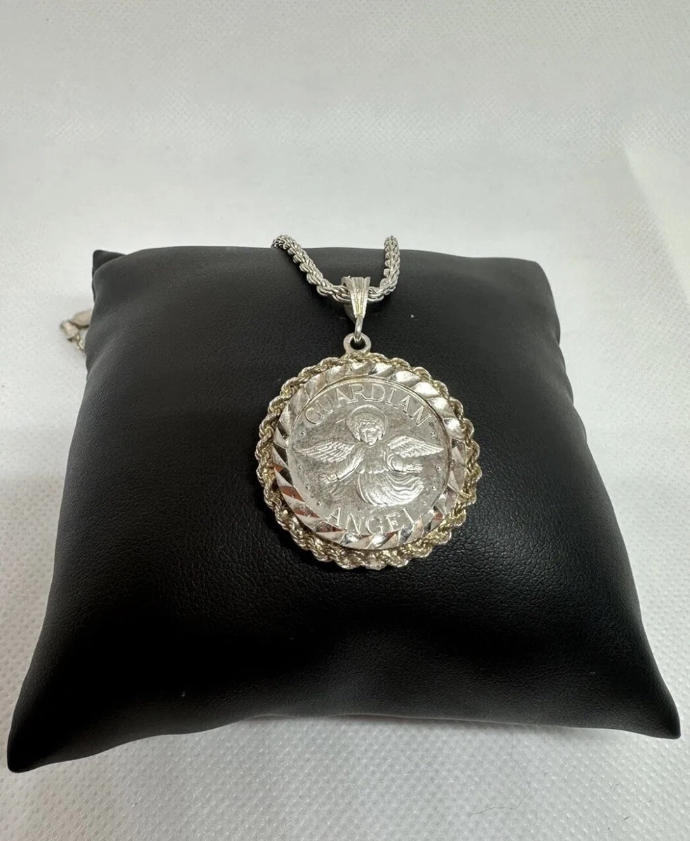 Large Guardian Angel Coin Protection Sterling Silver 999 Pendant