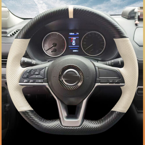 3D Carbon Fiber&White Leather Steering Wheel Hand Sewing Cover For Nissan Altima - Bild 1 von 7