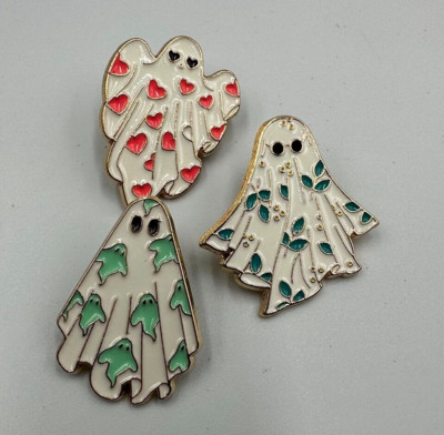 Ghost Lapel Pins Set of 3 Gold Tone Cute Spooky Halloween Cartoon