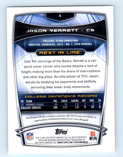 2014 Bowman Rookies Jason Verrett Rookie San Diego Chargers #4 - Picture 2 of 2