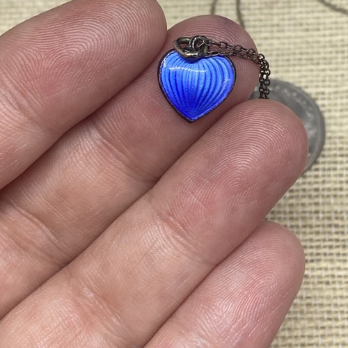 Antique OPRO Sterling Silver Pendant 925 Blue Enamel Heart Necklace 22” Chain - Picture 5 of 7