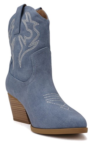 Soda Cowboy Western Stitched Ankle Boots Pointy Toe Booties Blue Denim BLAZING-S - Picture 4 of 4