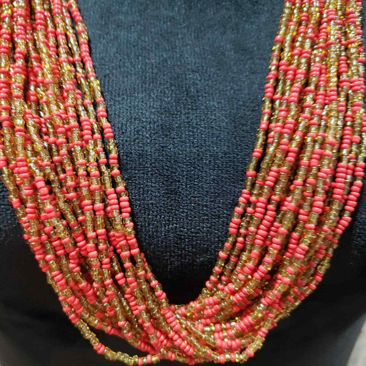 Womens Multi Strand Red Gold Glass Seed Beaded Long Necklace  display picture 1