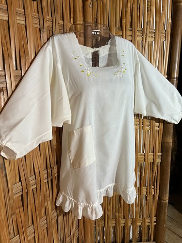 VTG 60/70s Hand Made Top Blouse CoverUp Cream Open Back Ties Ruffle Embroidery M - Picture 10 of 12