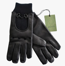     NEW GUCCI Black Lambskin Leather Men's Wrist Gloves with Horsebit Detail L/10