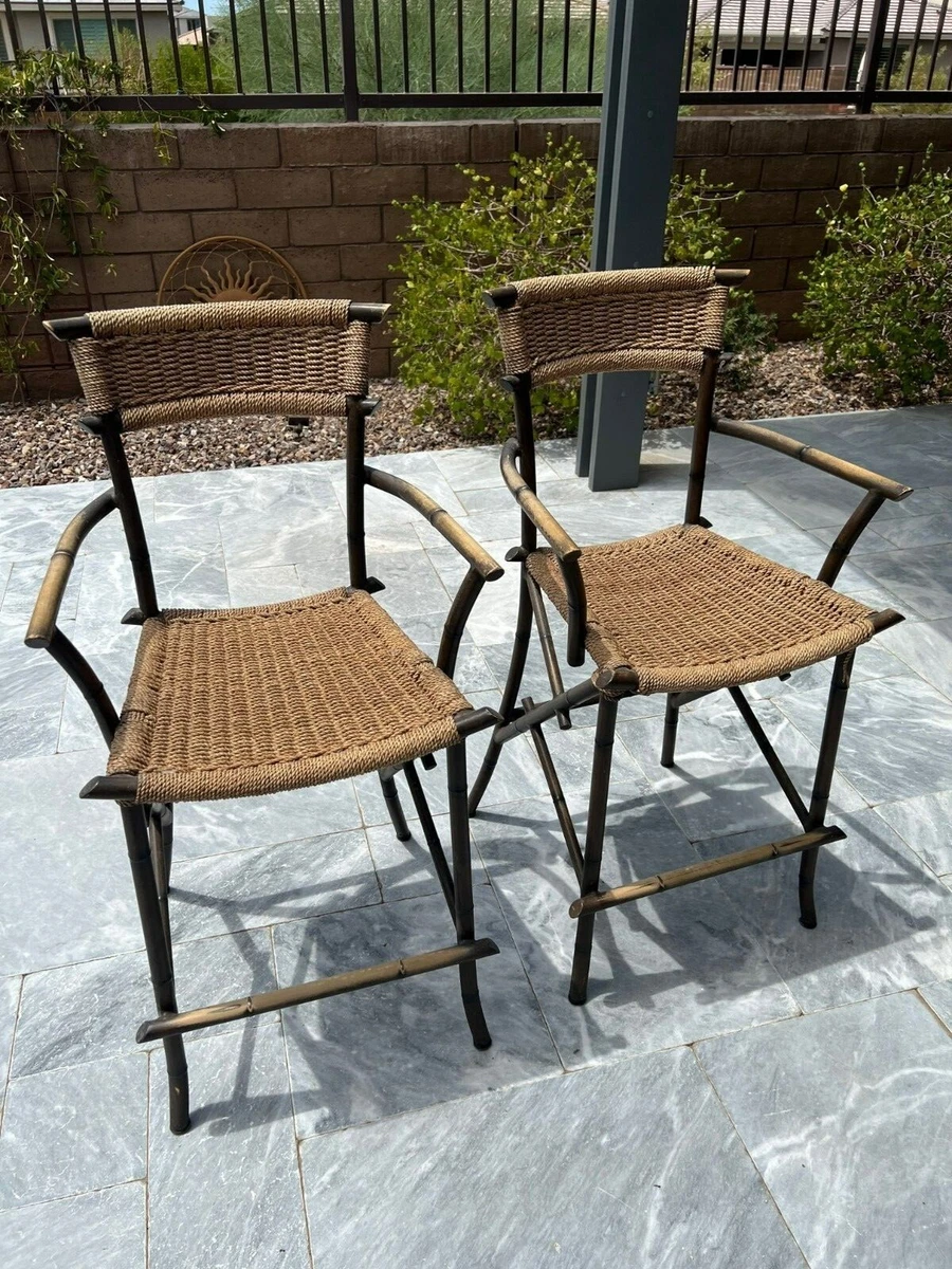 Tiki bar high chair pair. Metal frame with jute seat. Comes with cushions