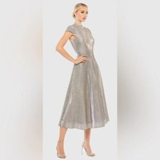 NWT Mac Duggal 26151 - Metallic Cap Sleeve Tea Length Mock Neck Dress