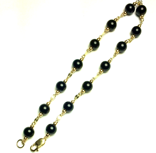 Elegantes 14k massives Gelbgold 8 1/2 Zoll langes natürliches schwarzes Onyx Armband - Bild 4 von 6