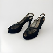 RARE SHOES Vintage 1940s 40s Black Slingback Platform Heels with Cutouts Narrow