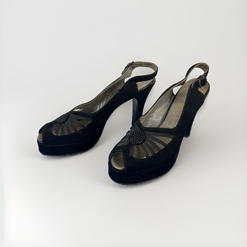 RARE SHOES Vintage 1940s 40s Black Slingback Platform Heels with Cutouts Narrow - 第 1/24 張圖片
