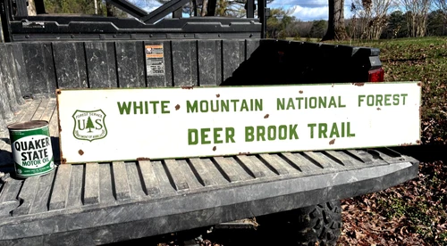 VINTAGE "WHITE MOUNTAIN NATIONAL FOREST DEER BROOK TRAIL" PORCELAIN SIGN, (RARE)