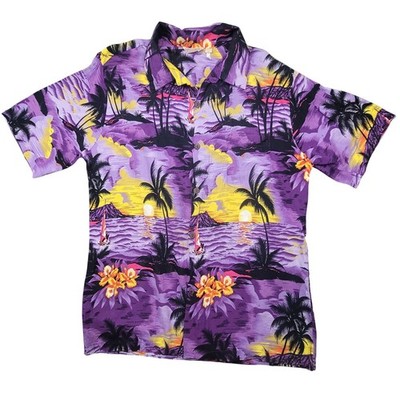 Sunny Island Mens Hawaiian Shirt XL Purple Tropical Sunset Palm Tree Rayon