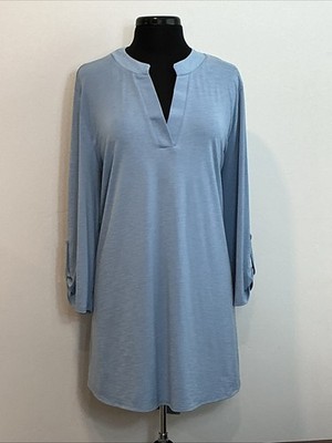 Plus Size Paisley Grace 3XL Smokey Blue Blouse Stretchy  3/4 Button Tab Sleeves