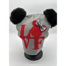 Gray Red Love Disney One Size Minnie Mouse Hat with Pom Pom Ears EUC