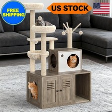 with Lidded Litter Box Enclosure 55.1" Multi-Level Cat Condo Tower GRAY Tree Cat