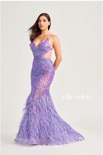 Iris Purple Cut Out Mermaid Prom Dress with V-Neckline & Feather Accents Size 8