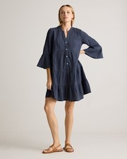 Quince Women 100% Organic Cotton Gauze Long Sleeve Tiered Mini Dress Blue S