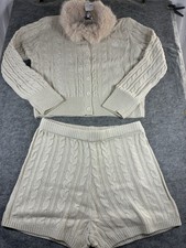 Fashion Nova Cable Knit Faux Fur Collar Sweater & Shorts Set Beige 1X Plus