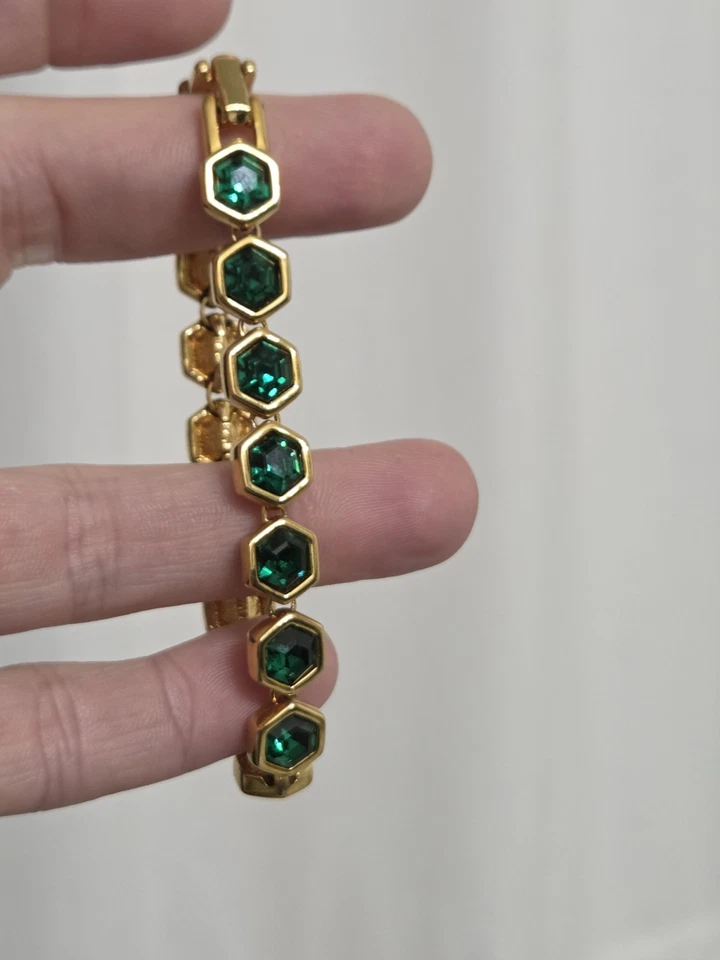Винтажный Swarovski SAL зеленый кристалл золотой тон теннисный браслет безель комплект круглый   - Изображение 2 из 4