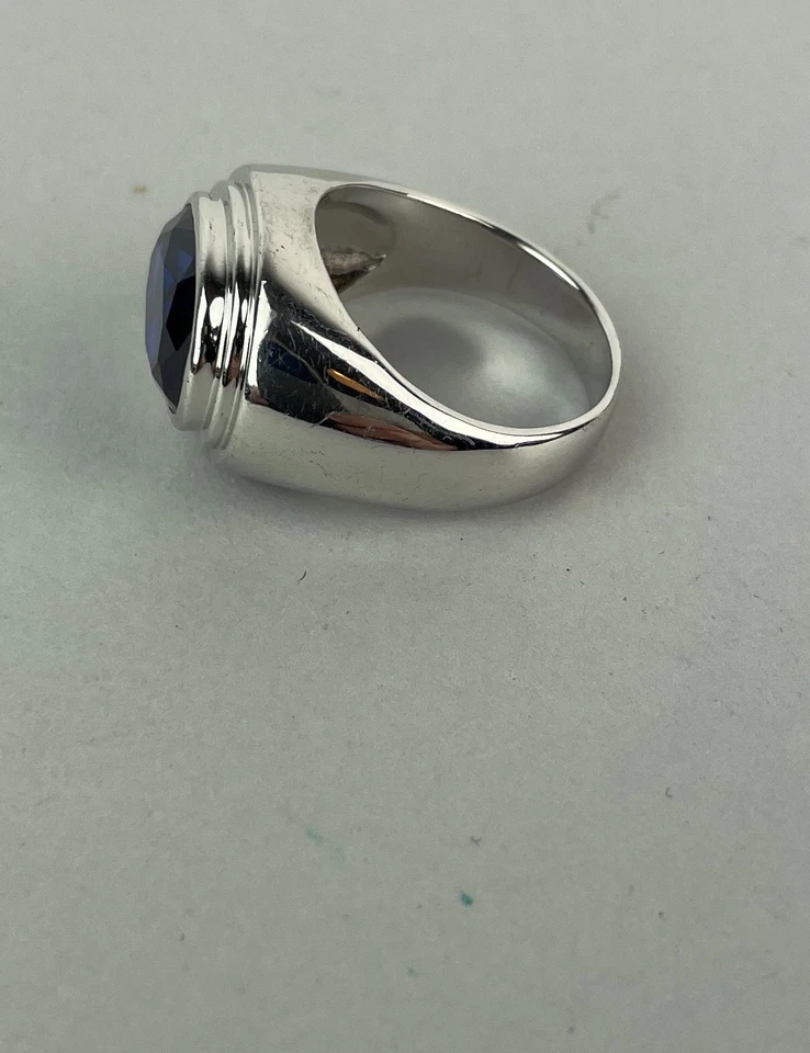 UNISEX Faceted blue sapphire simulated stainless steel silver Ring 9 - Image 3 of 4