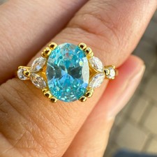 925 Sterling Silver Ring 6x4mm Natural Aquamarine Gemstone Zircon Jewelry NEW