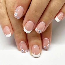 White French tips Press on Nails Short Square Fake Nails with Design White 