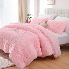 Fluffy Queen Comforter Set Pink Faux Fur 3 Piece Bedding