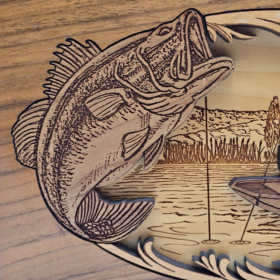 Urna de cremación de madera cenizas para adultos tres D tallada lubina escena de pesca madera de nogal Foto 4 de 4