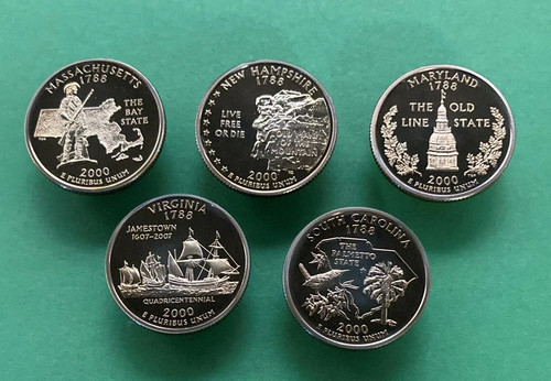 2000-D *** Statehood Quarters *** MA, MD, SC, NH, VA. Circulated Clad Coins!