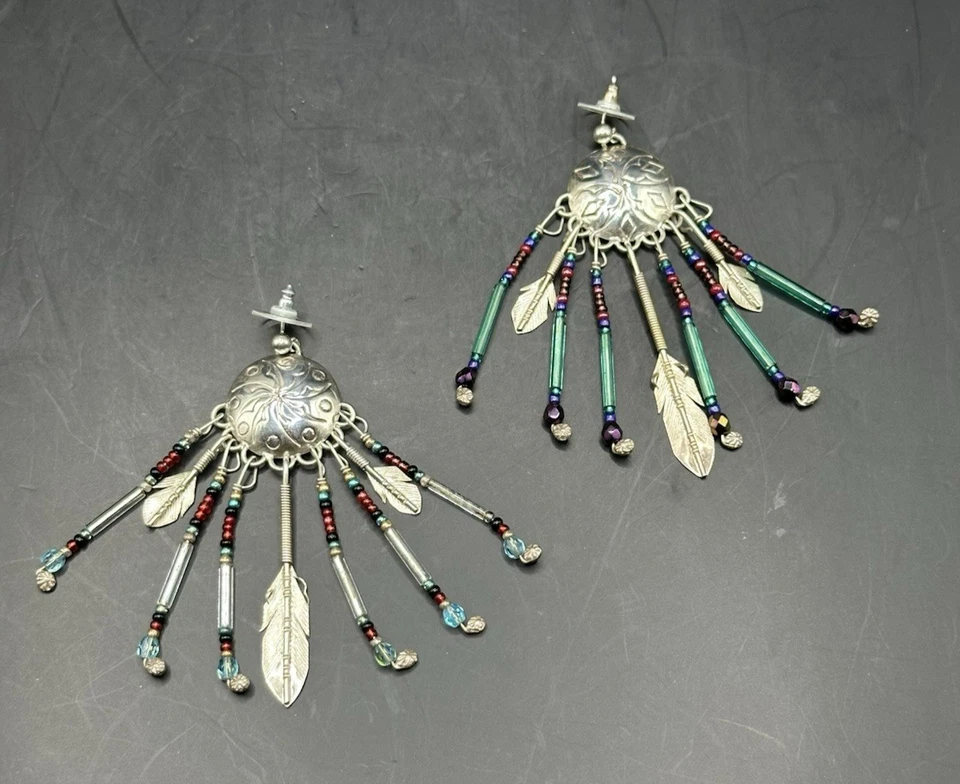 VTG Sterling Silver Handmade Native American Beaded Feather Dangle Earrings 3" - Image 3 of 4