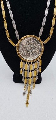 Vintage Goldette Goddess Head Medallion Necklace Yellow White 