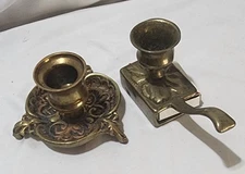 Vintage Solid Brass Mini Candle Holders Mismatched Pair Ornate Chamberstick
