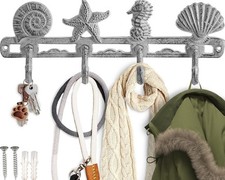 Vintage Seashell Coat Hook Hanger Rustic Cast Iron Wall Hanger w/4 Decorative...