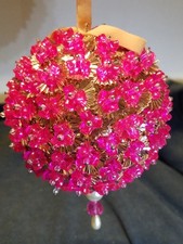 Handmade Jeweled Beaded Push Pin Magenta Gold Christmas Ball Ornament