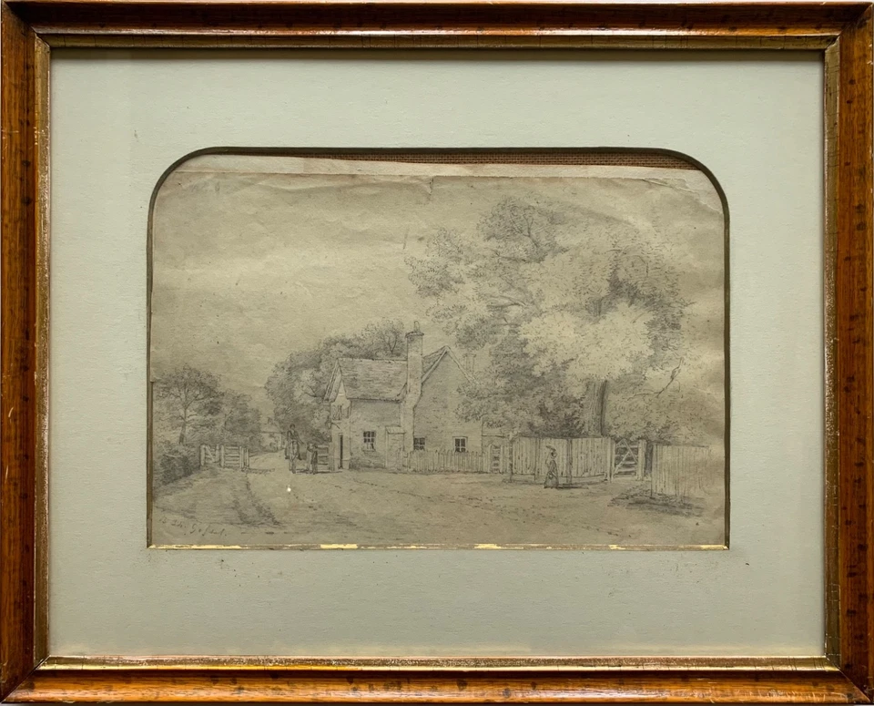 Zeichnung Bleistift Landschaft mit Häusern 19. Jahrhundert Biedermeier signiert - Bild 1 von 4