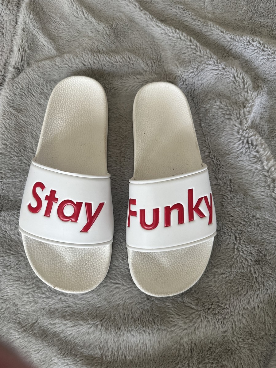 funky flickr boyz wrestling Slides Sandals White Red Stay Funky