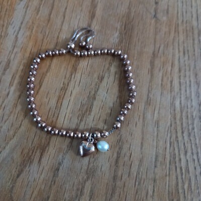 Vergoldetes Sterling Silber 925 verstellbar Perlen Armband Herz und Perle Charms