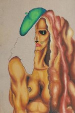 Jon Robyn, Cat Woman with Green Beret, Pastel on Paper