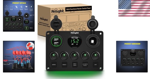 Waterproof 5 Gang Rocker Switch Panel with Dual USB, Voltmeter & 12V Outlet - Picture 2 of 8