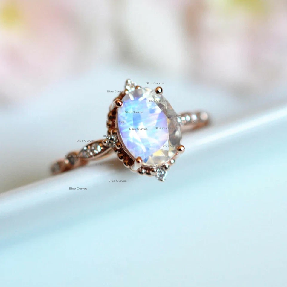 Anillo de cóctel de piedra lunar arco iris real pavé de diamantes joyería de oro amarillo sólido de 14 k Foto 2 de 3