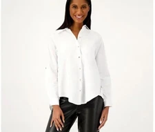 Attitudes by Renee Curved Hem Button Down Shirt White Medium A566558