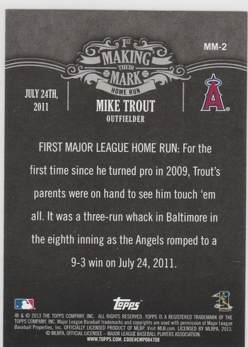 MIKE TROUT 2013 Topps Making Their Mark ANGELS BASEBALL INSERT CARD 1st Home Run - Picture 2 of 2