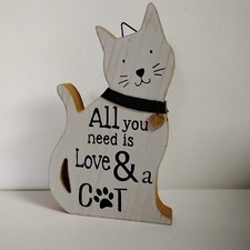 Wood Cat Wall Hanging All You Need Is Love And A Cat Gold Wooden Heart 7.75 in