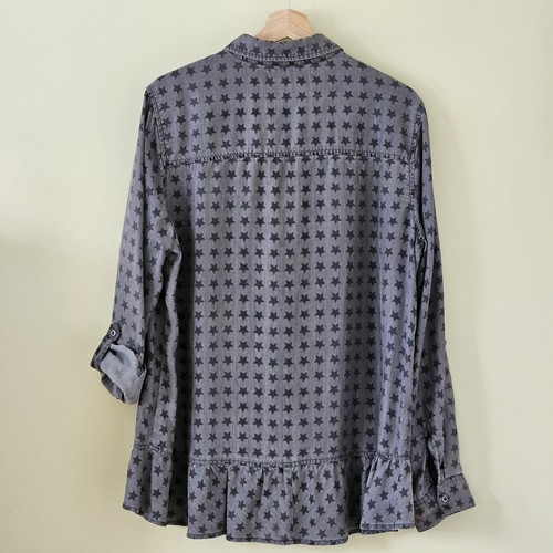 Standard Grace Top Women L Gray Black Stars LS Roll Up Tab Ruffles Boho Chambray - Picture 18 of 19