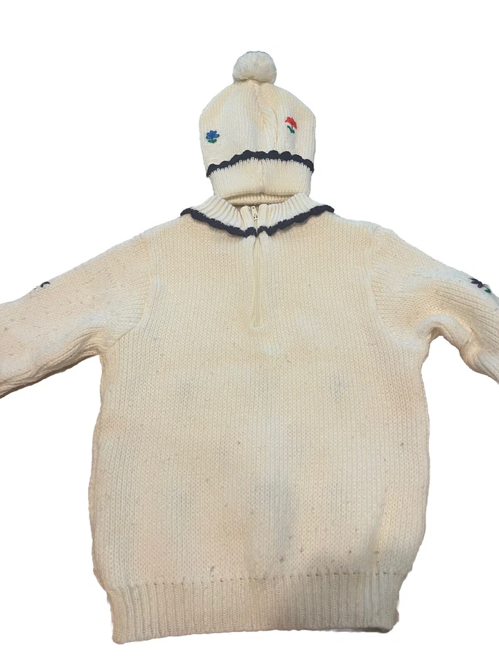Suéter Bebé Vintage Niño 3 Blanco Tejido con Gorro Años 90 Flores Foto 4 de 4