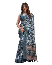 Women's Pashmina Silk Ajrakh Printed Saree With Unstitched Blouse
