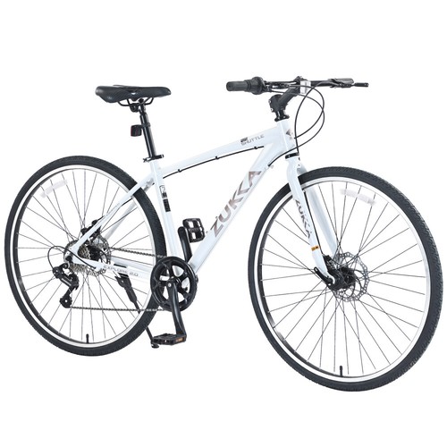 White 7 Speed Hybrid Bike Aluminum Alloy Frame Double Disc Brakes 700C Road Bike
