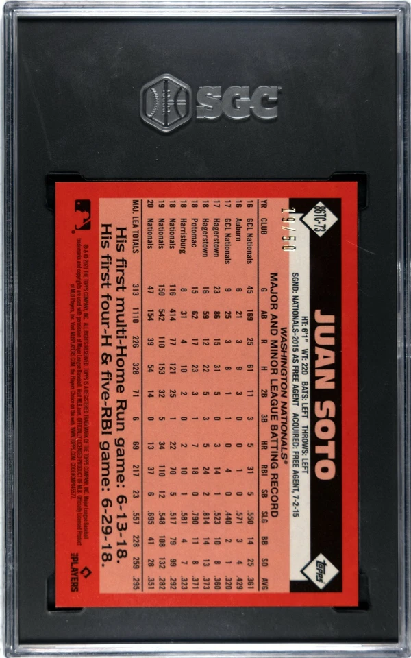 Juan Soto 2021 Topps 86 Chrome GOLD Refractor Number 19/50 #86TC-73 SGC 10 Rare! - Image 2 of 2