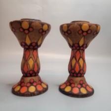 Candelabros Vintage Años 60 Estilo Retro Madera Hecho a Mano Pirógrafo Pintado